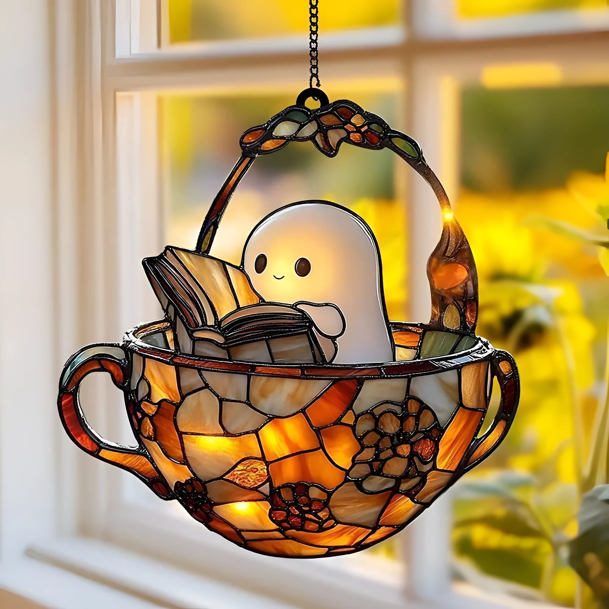 Acrylic ghost reading book suncatcher hanging decor with American style silhouette