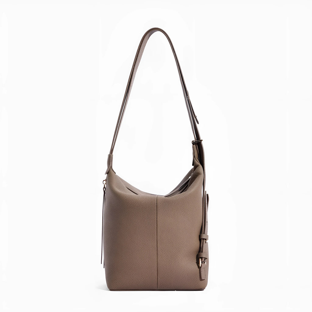 Women's soft cowhide leather bucket shoulder bag in elephant grey colour showing large capacity design