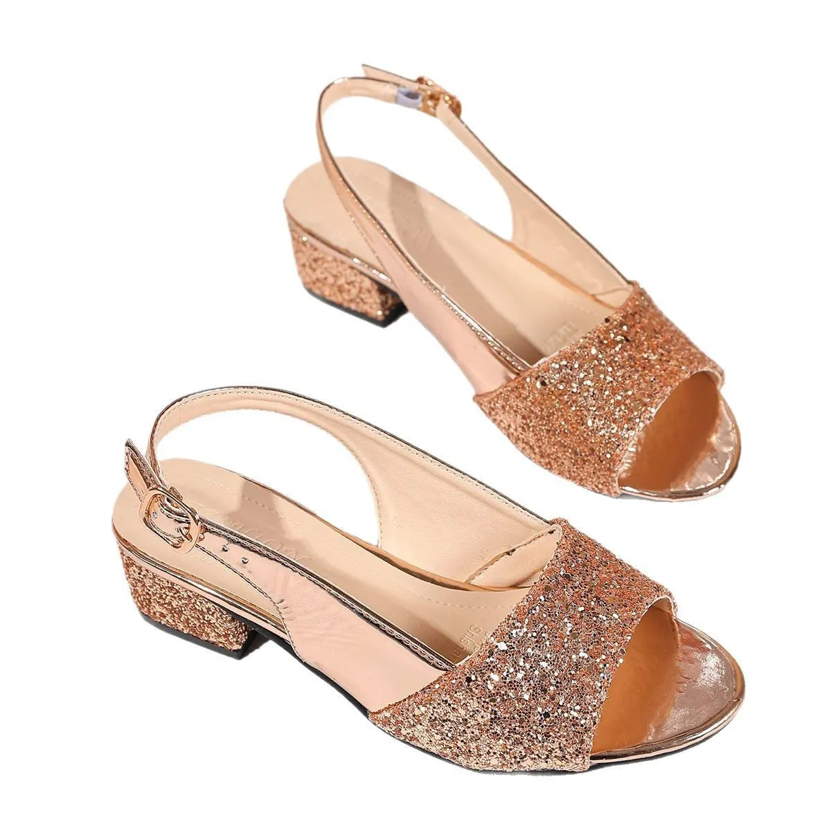 Gold open toe sandals with a buckle fastening and fish mouth toe design on a rubber sole.