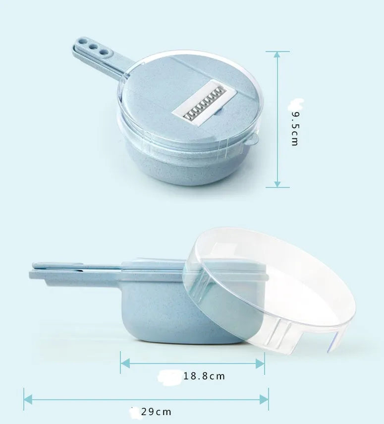 8-in-1 mandoline slicer with stainless steel blades, container, drain basket, and hand protector in blue
