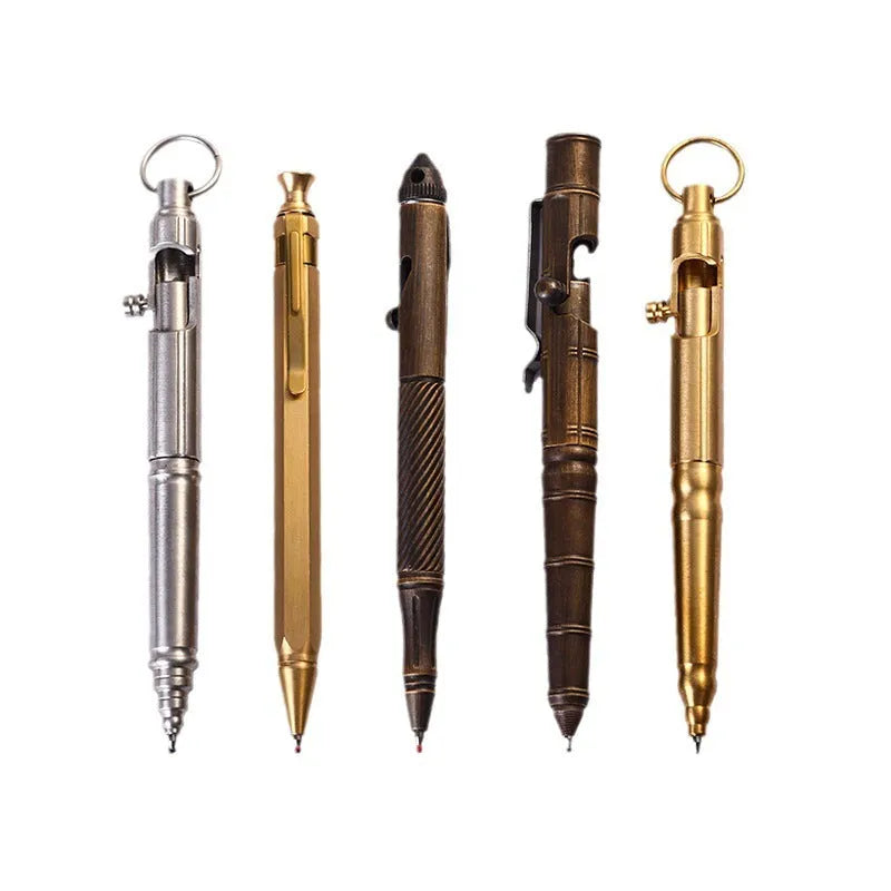 Brass bolt-action tactical pen with cylindrical barrel and press mechanism in retro finish