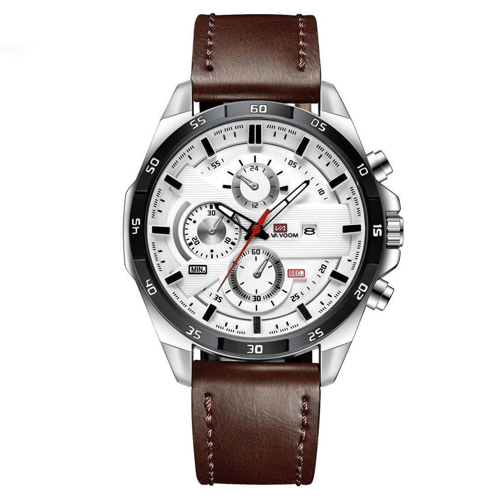 Men's casual quartz watch with business calendar on leather strap, rose gold case.