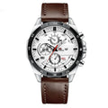 Men's casual quartz watch with business calendar on leather strap, rose gold case.