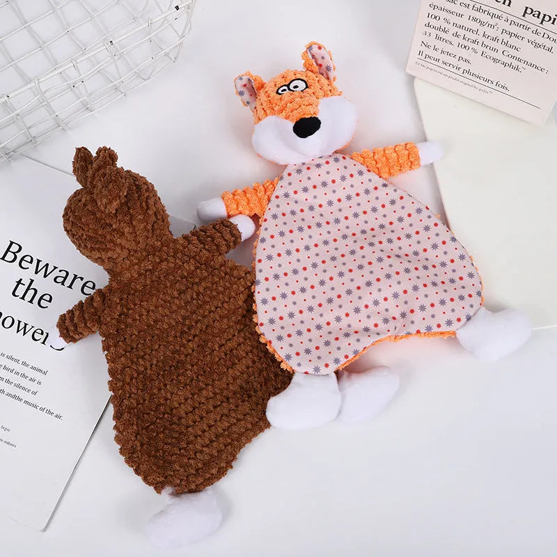 Brown, grey, and orange fox and elephant pet stuffed toys with velvet fabric and sound paper