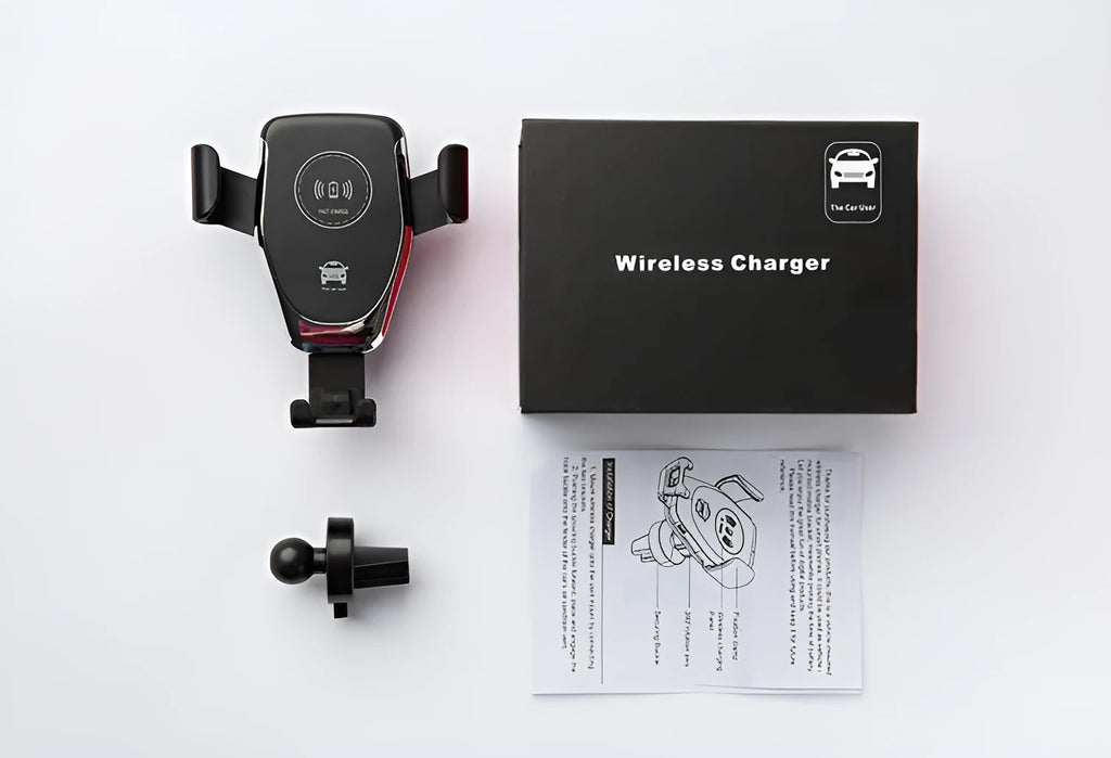 Black car wireless charger mount holding an iPhone on a car ventilation vent