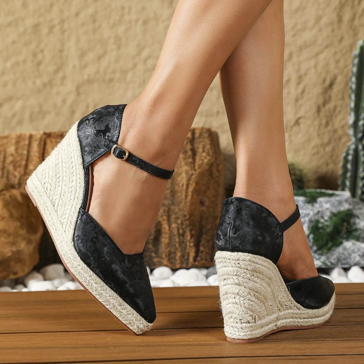 Women's wedge platform high heel pumps with straw woven hemp rope bottom in black