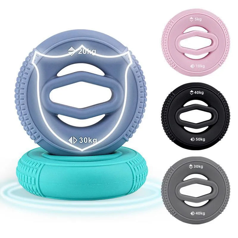 Silicone hand grip strengthener finger exerciser in pink colour on white background