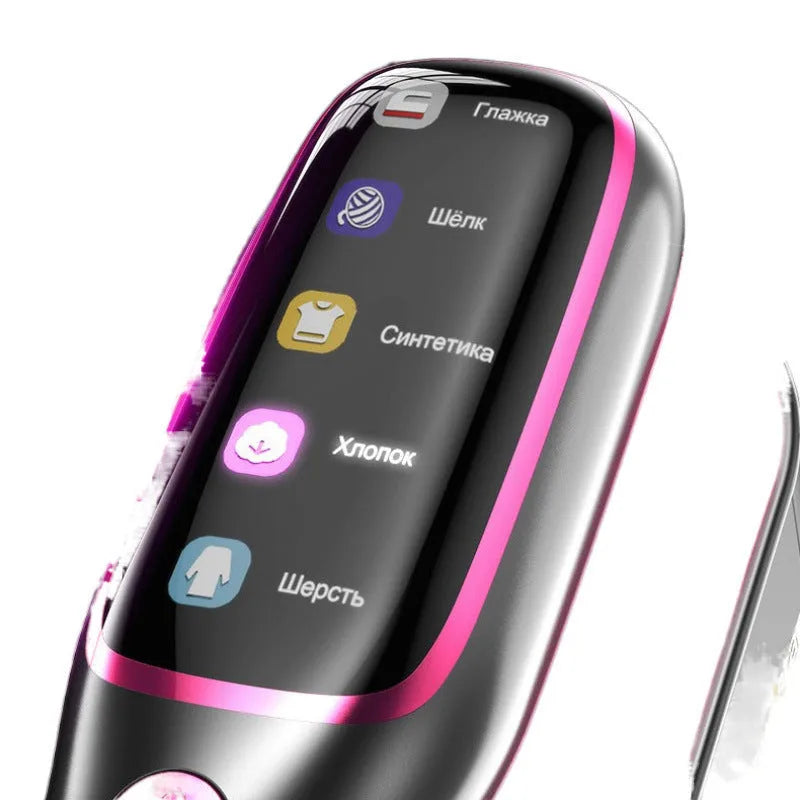 Purple folding handheld garment steamer 1200W with interchangeable plugs on plain background
