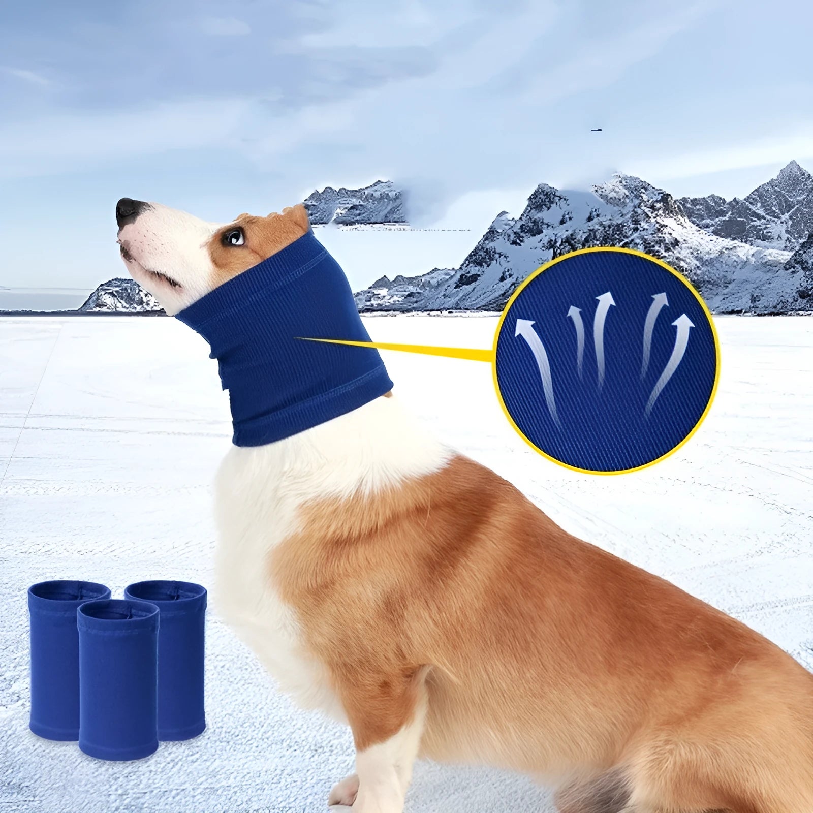 Blue and grey polyester dog comforter headband scarf shown in small, medium, and large sizes