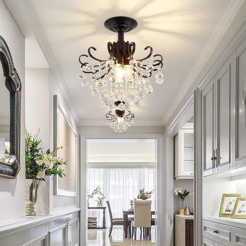 European light luxury small American restaurant crystal chandelier, glass and iron, 33cm diameter, A style gold finish