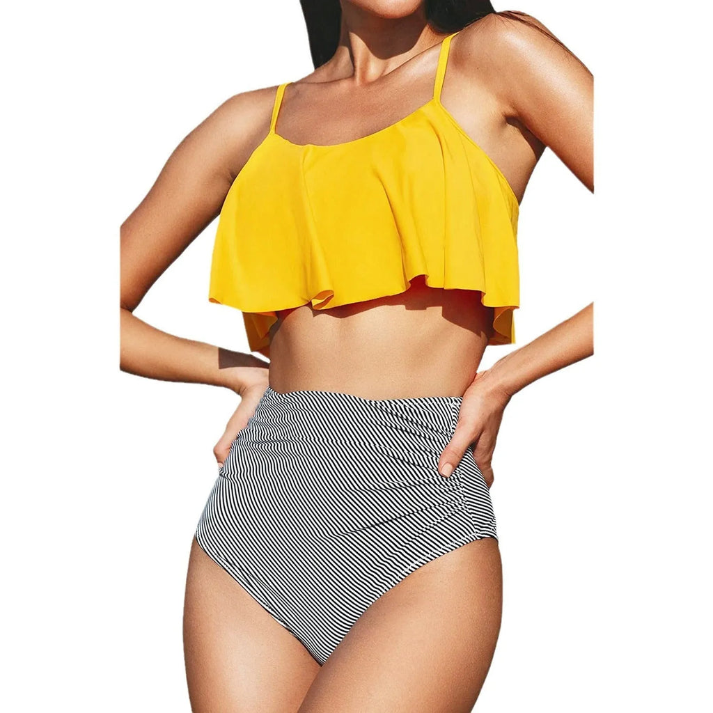 Striped ruffled bikini set with backless design shown in multiple colour options