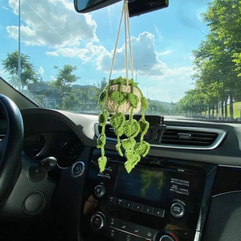 Green and white knitted car plant ornament with 8cm basin base and hanging rope for vehicle interiors