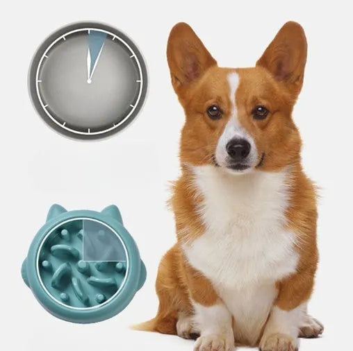 Green bone-shaped slow feeder dog bowl with internal ridges for anti-gulping.