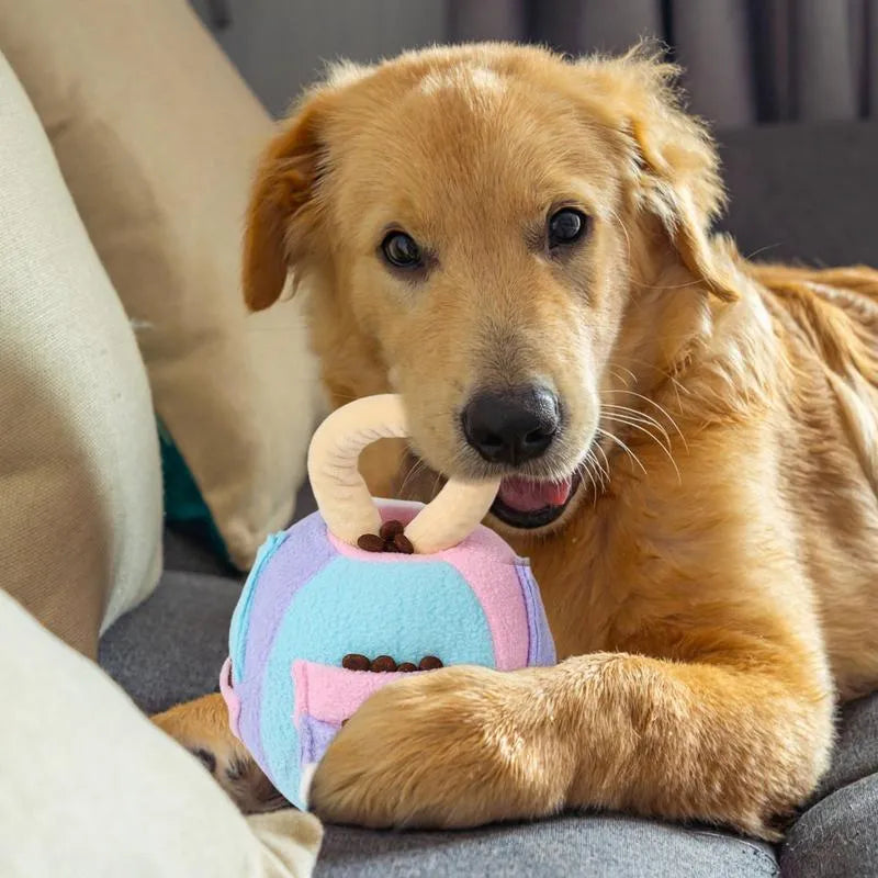Pink and green dog plush ball toy with multiple treat pockets and squeaker mechanism for small medium dogs