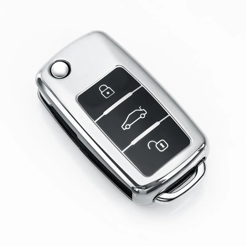 VW Model A folding car key inside a TPU protective case in blue, silver, pink, and red colour options.