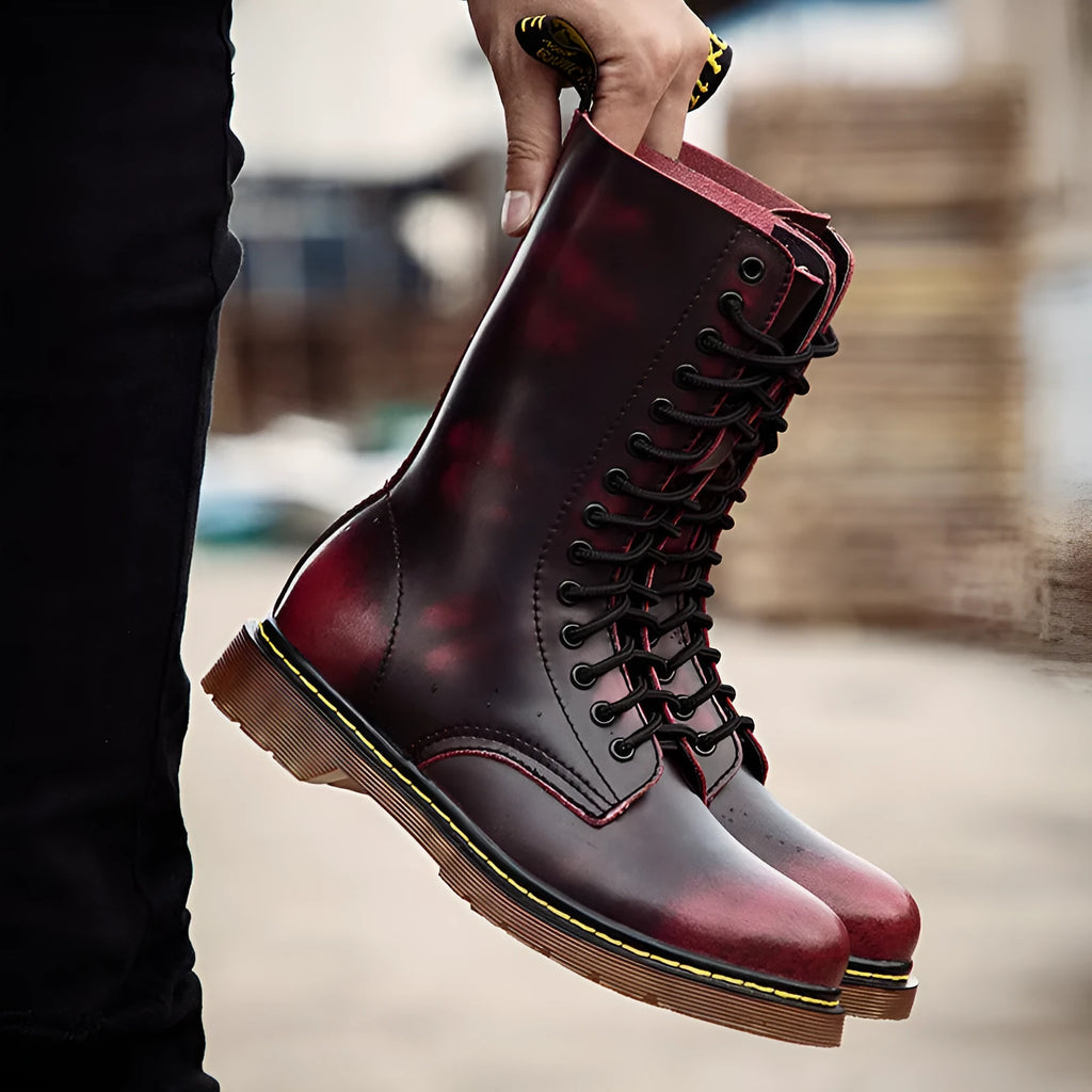 Men's leather lace-up casual shoes in black, brown, or wine red with round toe and flat heel