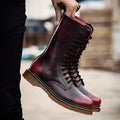 Men's leather lace-up casual shoes in black, brown, or wine red with round toe and flat heel