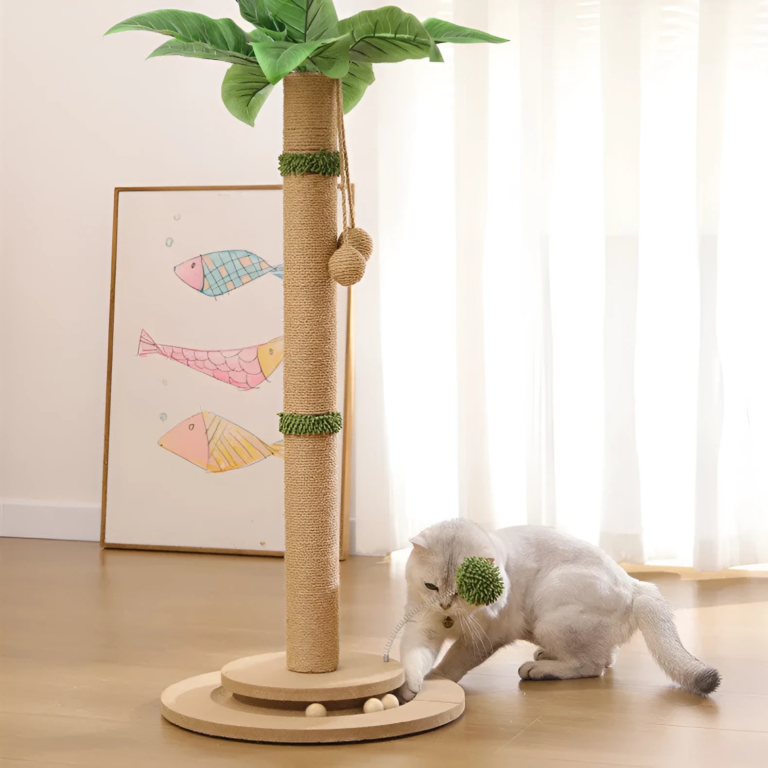 Vertical cat climbing frame with hemp rope scratching post and a square platform, in a natural canna colour.