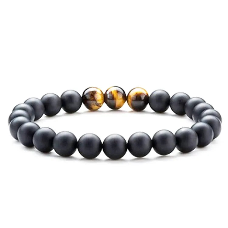 Geometric couple bracelets with tiger eye and matte black agate beads