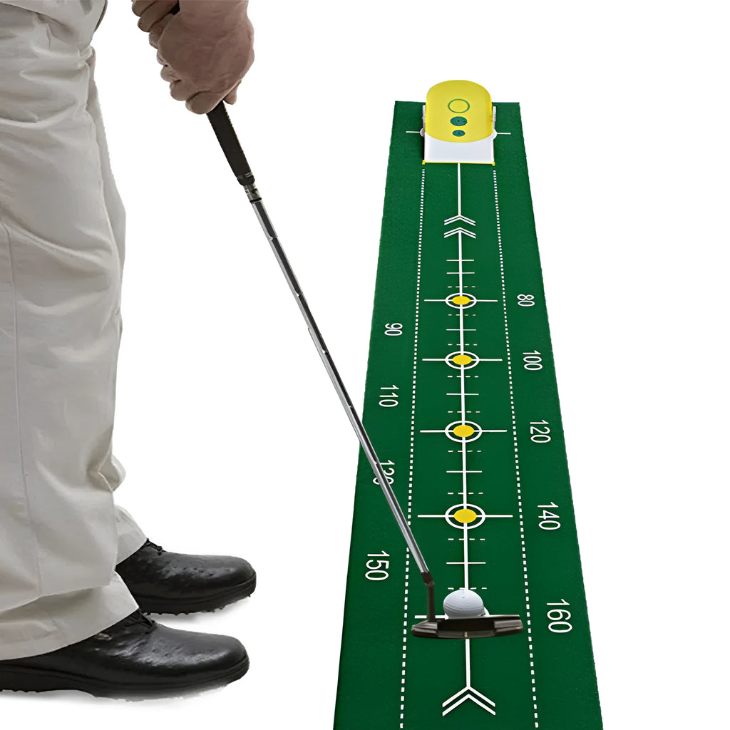 Precision putter exerciser with 230cm non-woven green putting mat and simulator unit on a living room floor