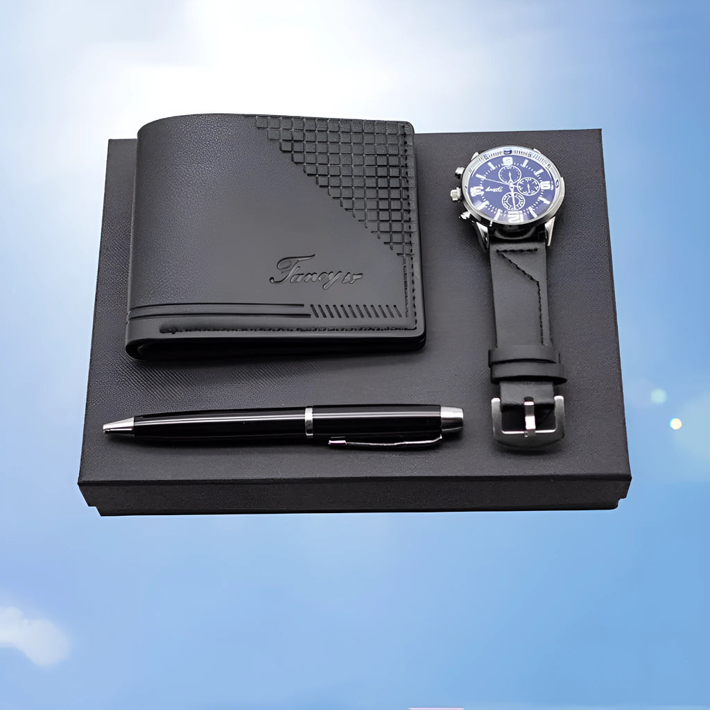 Creative holiday gift set containing a brown wallet, pen, and watch inside an open gift box.