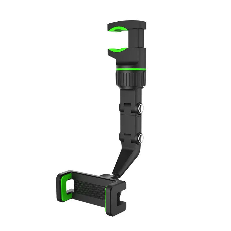 Universal car rearview mirror phone clip in black attached to a mirror, with a smartphone inserted for hands-free use