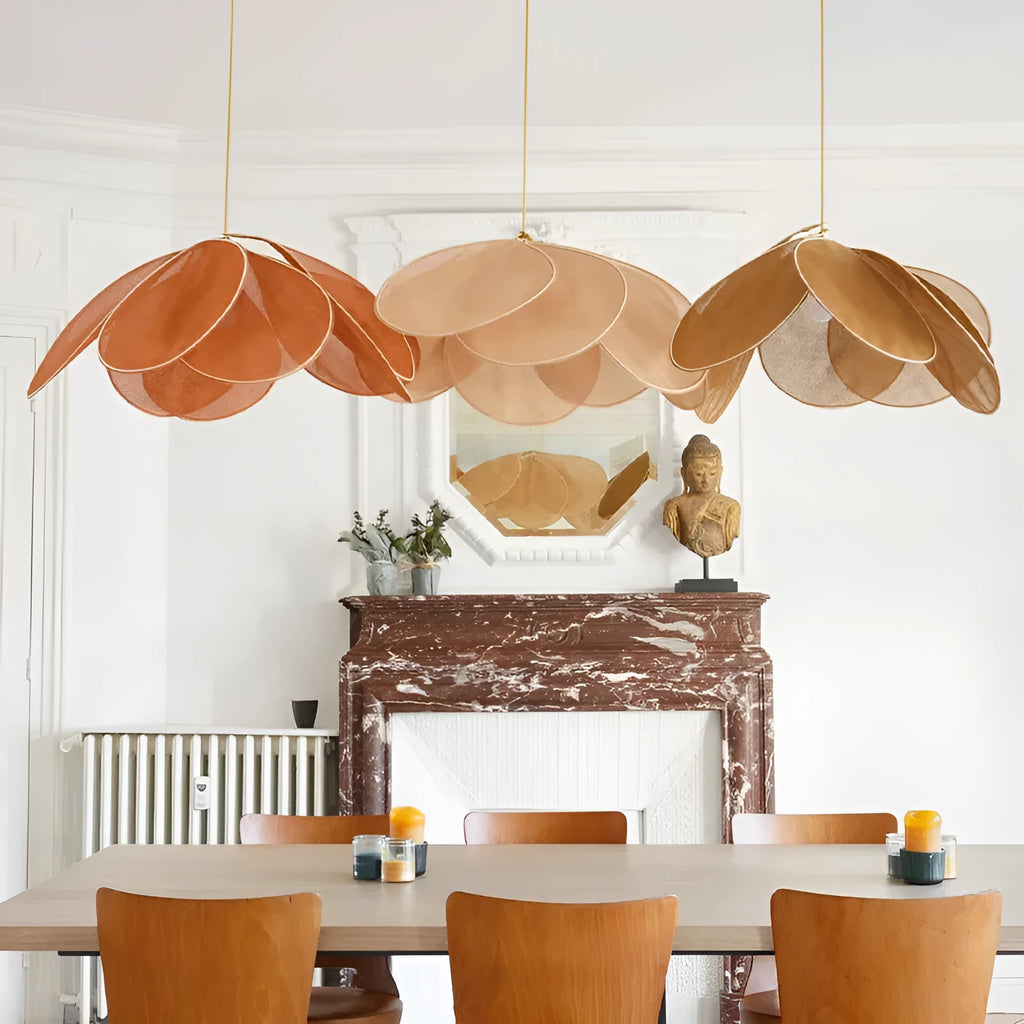 Bohemian cloth-craft hanging ceiling chandelier lamp in a choice of colours and large diameters.