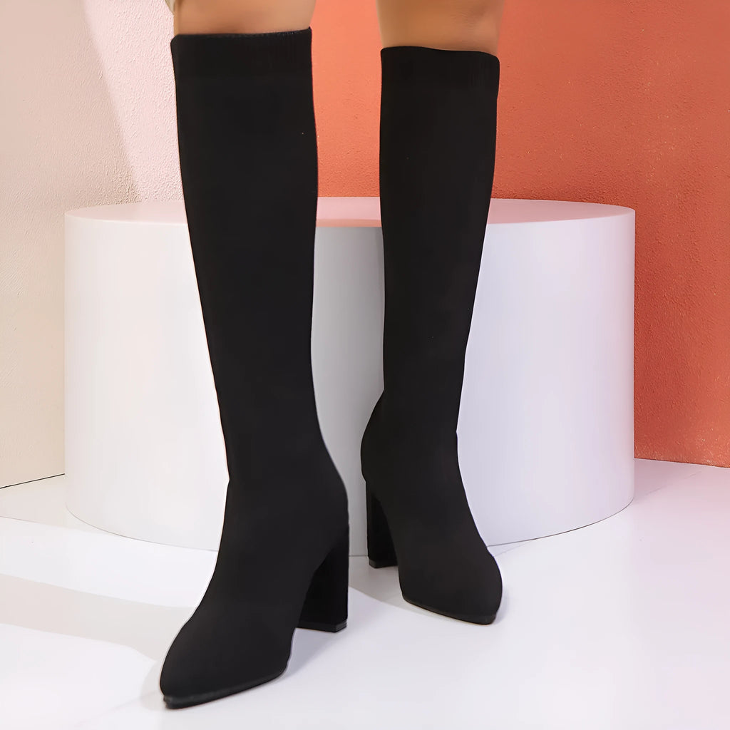 Black high heel fashion boots for women, fabric upper, cotton lining, high shaft, sizes 35-42