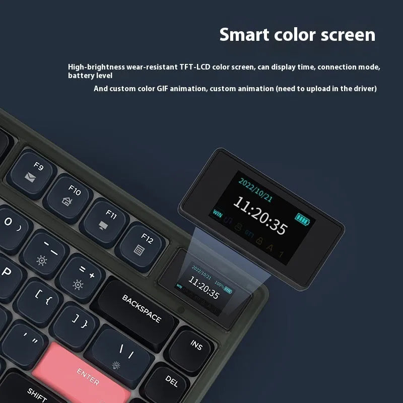 Ajazz AK832PRO wired and wireless mechanical keyboard with colour screen, shown in green colour.
