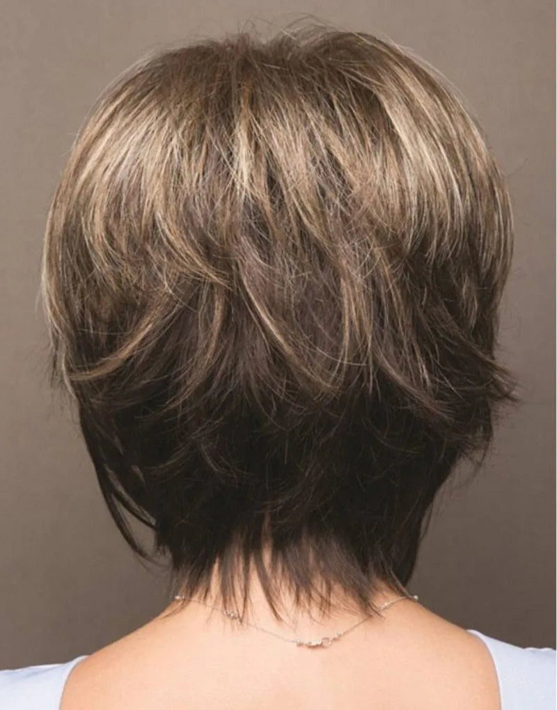 Mixed blonde brown short wig on stand, realistic supple synthetic hair, heat resistant, women's wig