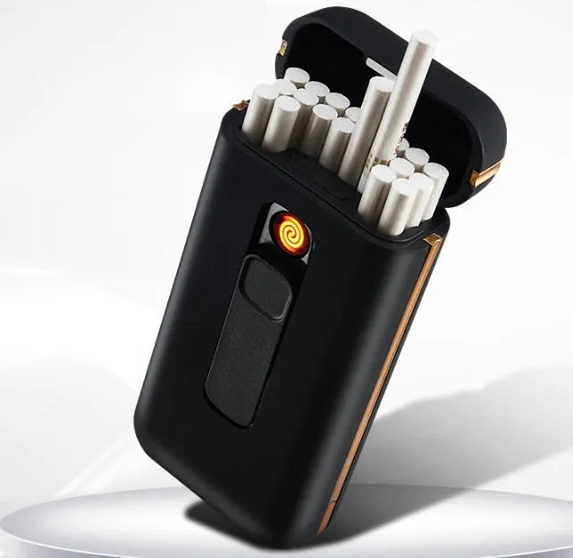 Plastic cigarette lighter in golden colour with compact body and flame, 118x55x25mm box
