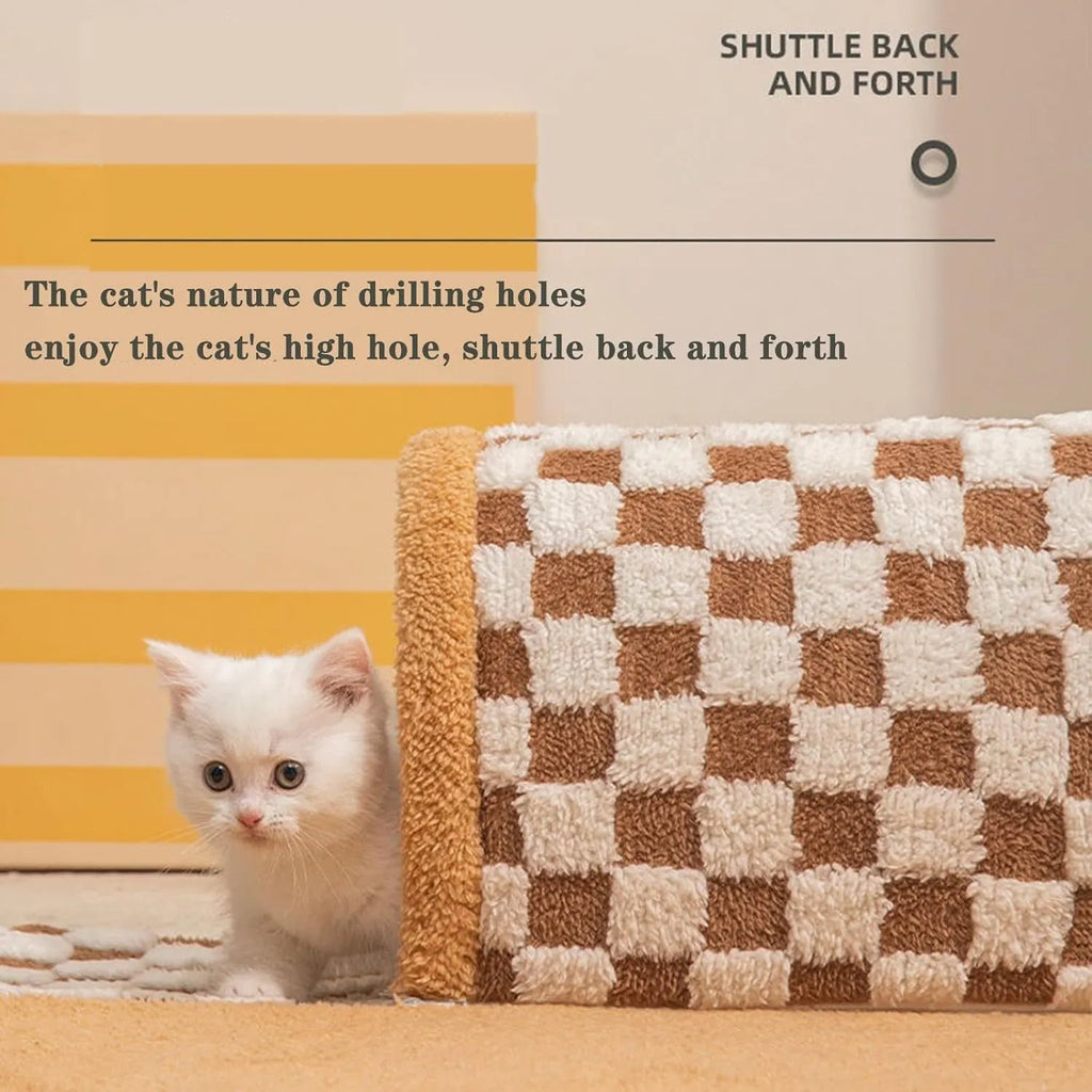 Brown plaid cat tunnel bed with central mat, showing non-slip bottom and fluffy plush material.