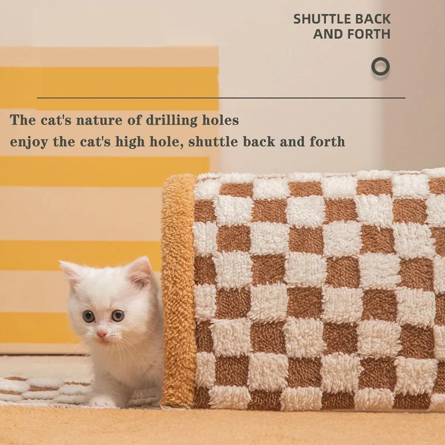 Brown plaid cat tunnel bed with central mat, showing non-slip bottom and fluffy plush material.
