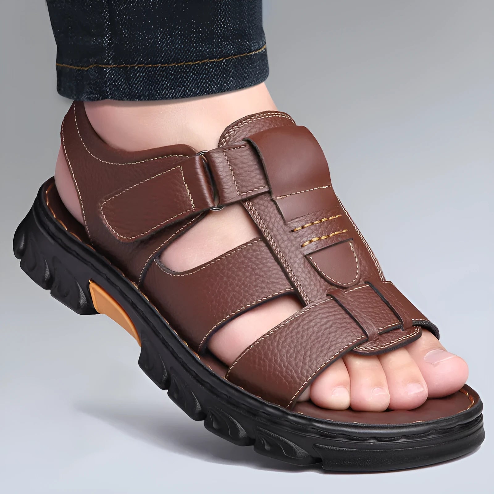 Men's dual-use sandals with first layer cowhide upper, velcro fastening, breathable open toe design in black and brown