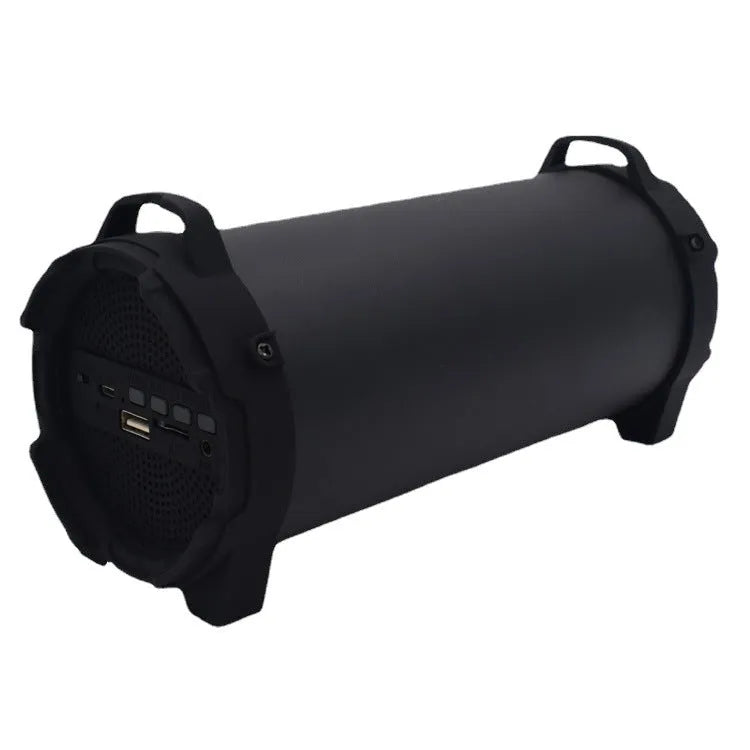 Black portable 8W Bluetooth speaker with card insertion and call function, supplied with suspender