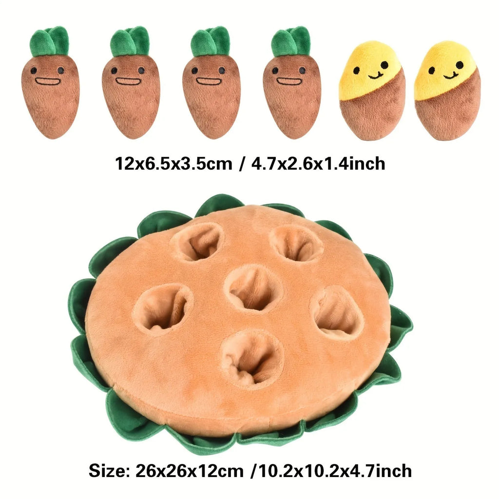 Yellow interactive dog puzzle pad with removable squeaky plush toys as a slow feeder and foraging game.