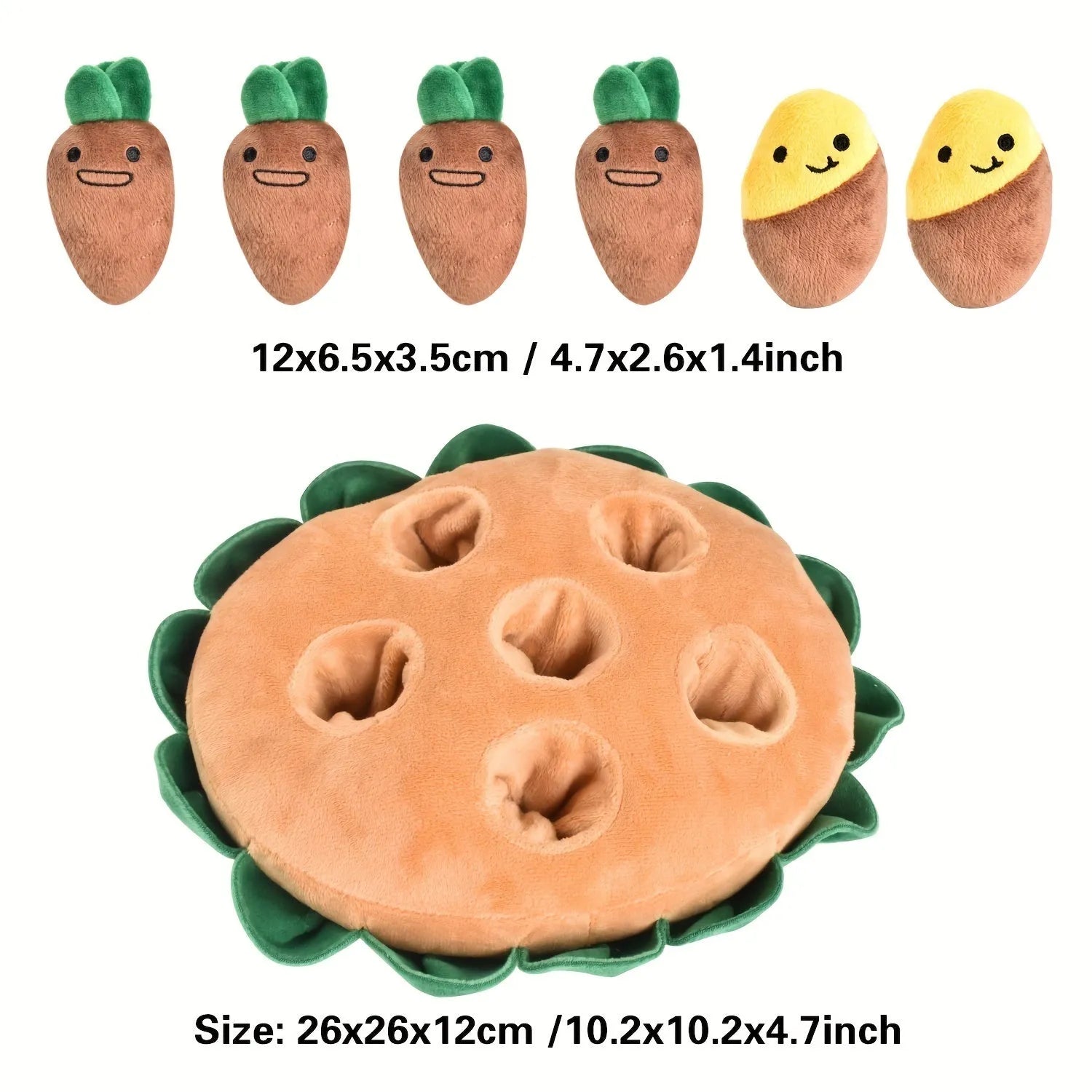Yellow interactive dog puzzle pad with removable squeaky plush toys as a slow feeder and foraging game.