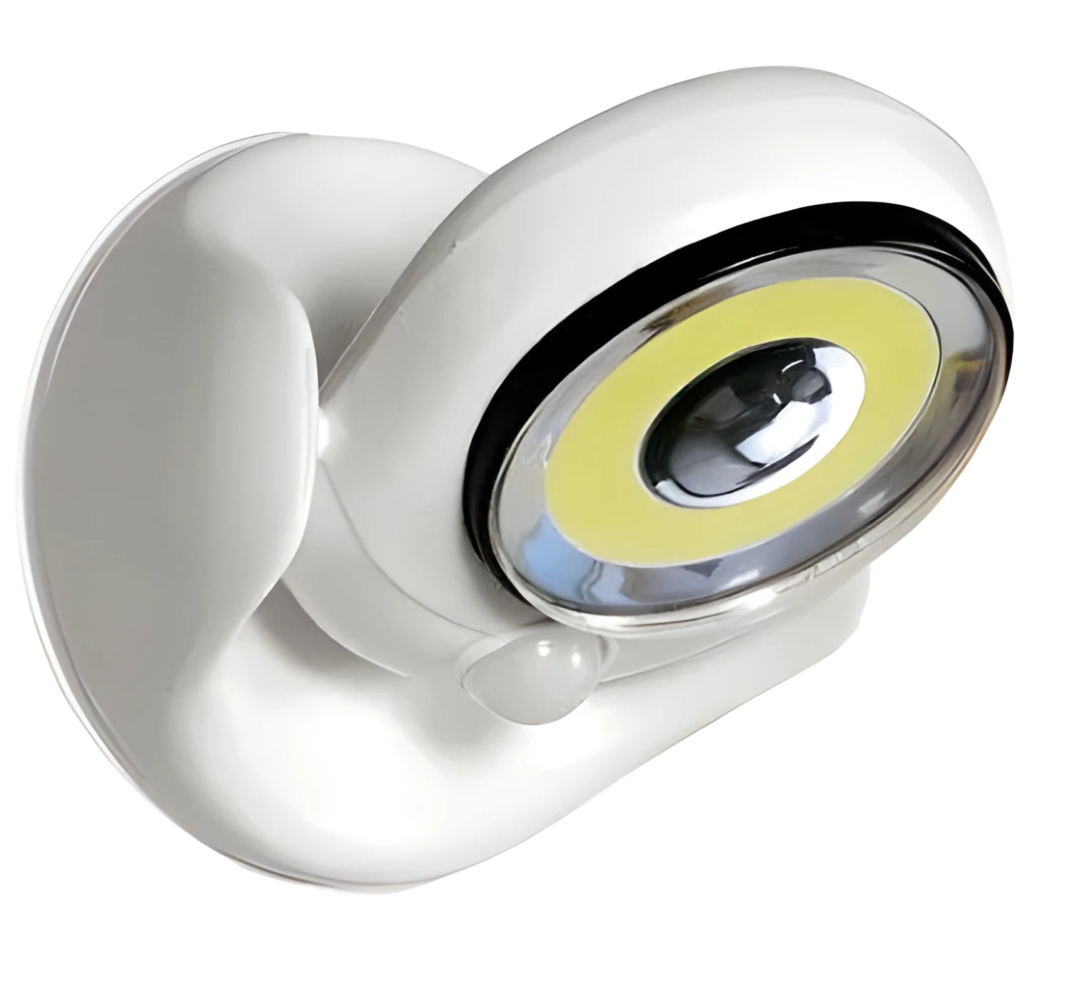 White Atomic Angel induction lamp with compact ABS housing on charging base.