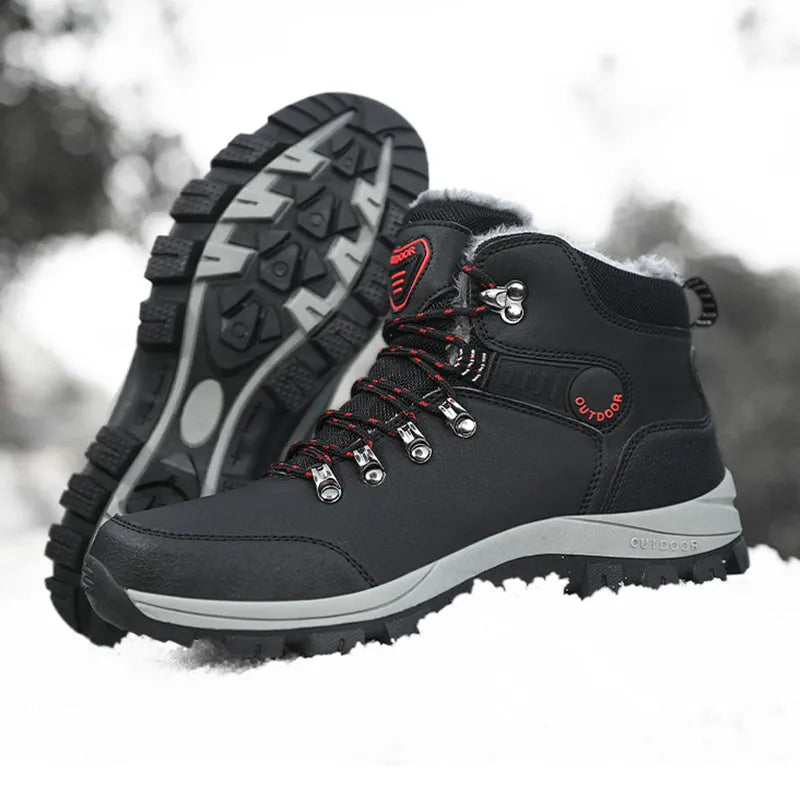 Men's winter snow boots with plush lining, lace-up front, synthetic leather upper, and TPR outsole in grey colour