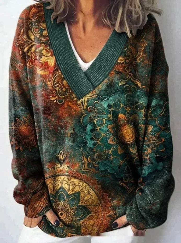 Women's V-neck floral print sweatshirt with 3D effect and long sleeves in an art retro style.