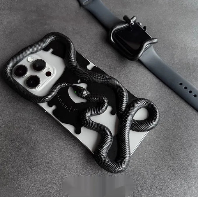 Tailed snake hollowed-out decorative phone case in black stone pattern for iPhone