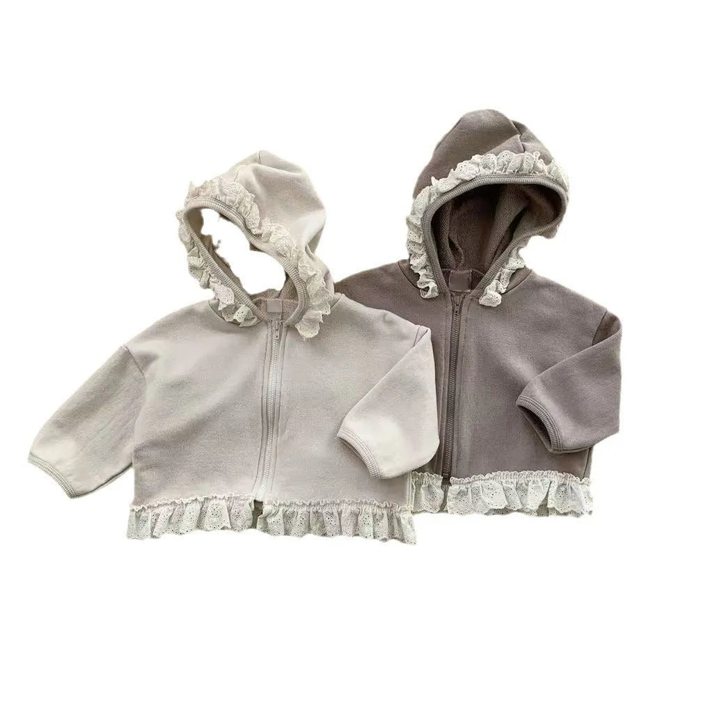 Children's lace hooded zipper sweatshirt in brown solid colour, long sleeves, cotton fabric