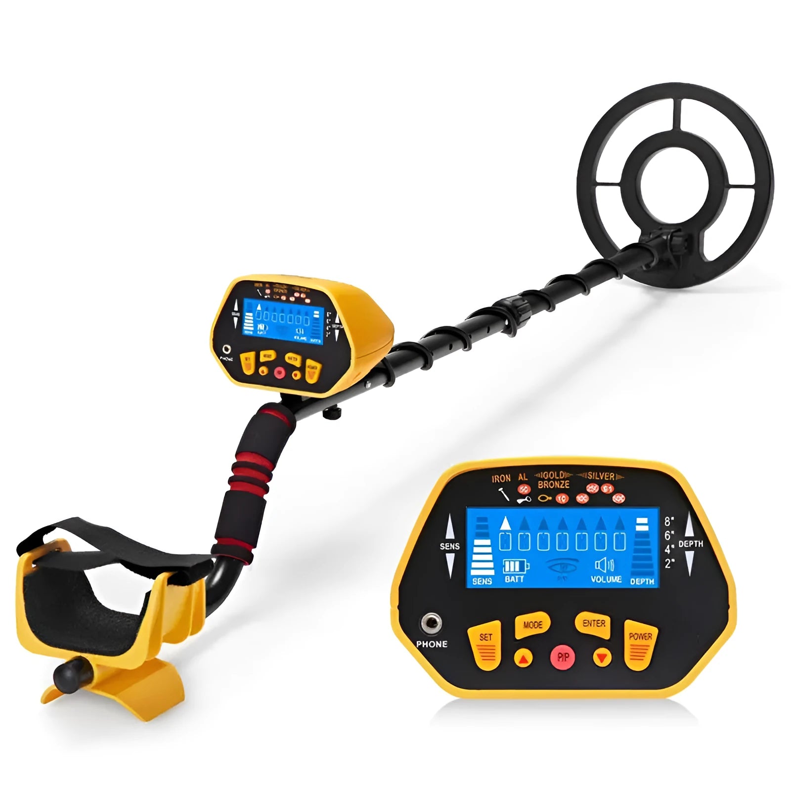 GC1028 black and yellow metal detector with LCD screen and waterproof search coil on adjustable pole.