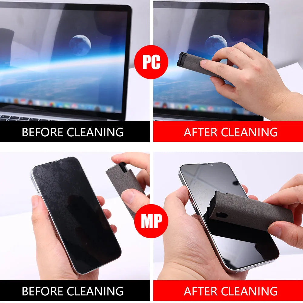 Portable all-in-one screen cleaner with integrated spray and microfiber wipe, 10ml fluid, 9cm size