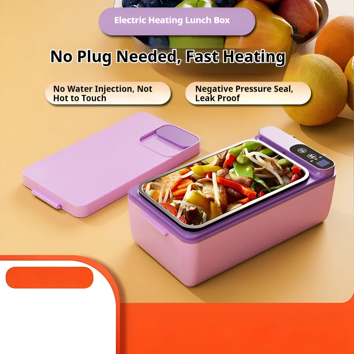 Rechargeable electric lunch box with 304 stainless steel liner, 40W USB heating, 245 x 90 x 124mm, in Ivory White, Violet or Grass Green