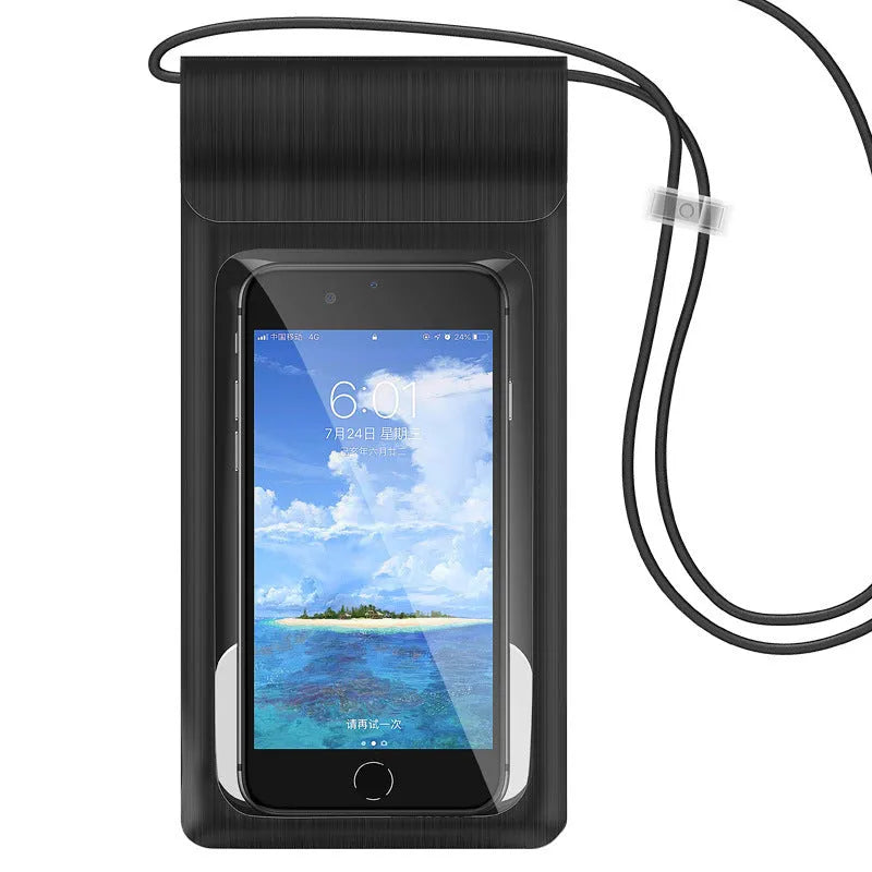 Black mobile phone waterproof bag with synthetic leather and TPU window, 22cm by 10.6cm