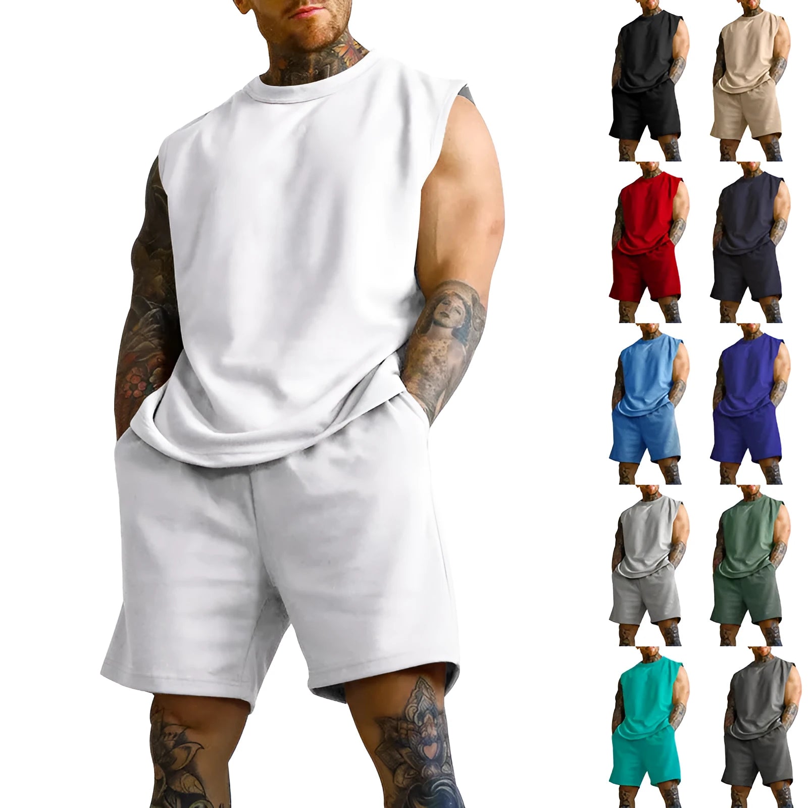 Men's sleeveless sports top and matching shorts casual set in cotton blend fabric