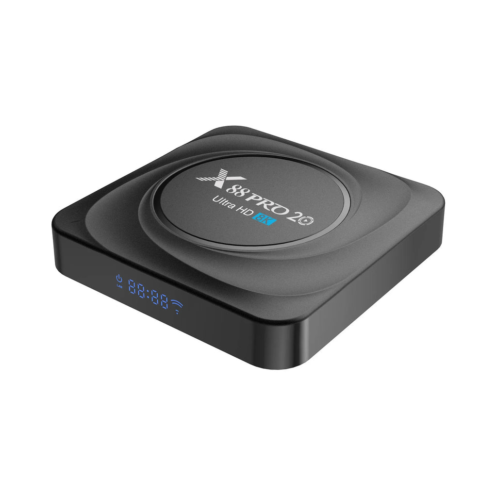 Set-top dual-band WiFi Bluetooth TV box with remote control and HDMI cable on table