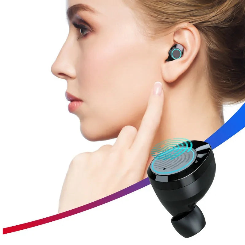 Black wireless Bluetooth 5.0 in-ear earbuds with ear hooks and charging case for iPhone and Android.
