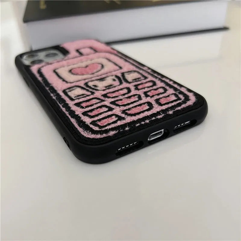 Pink towel-textured embroidered TPU back cover case for iPhone.